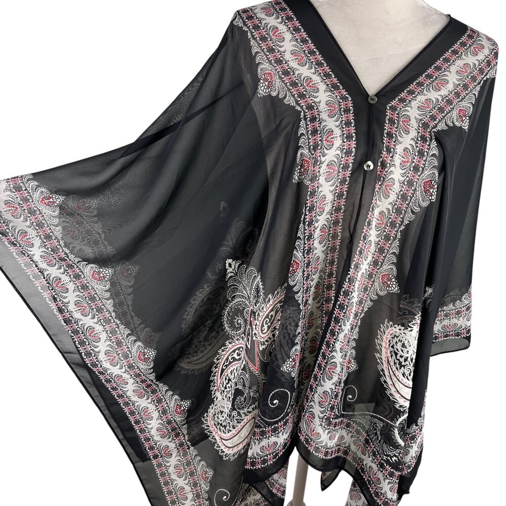 J Jill Poncho Two Way Semi Sheer Chiffon Multicolor Black Boho OS - Picture 11 of 16